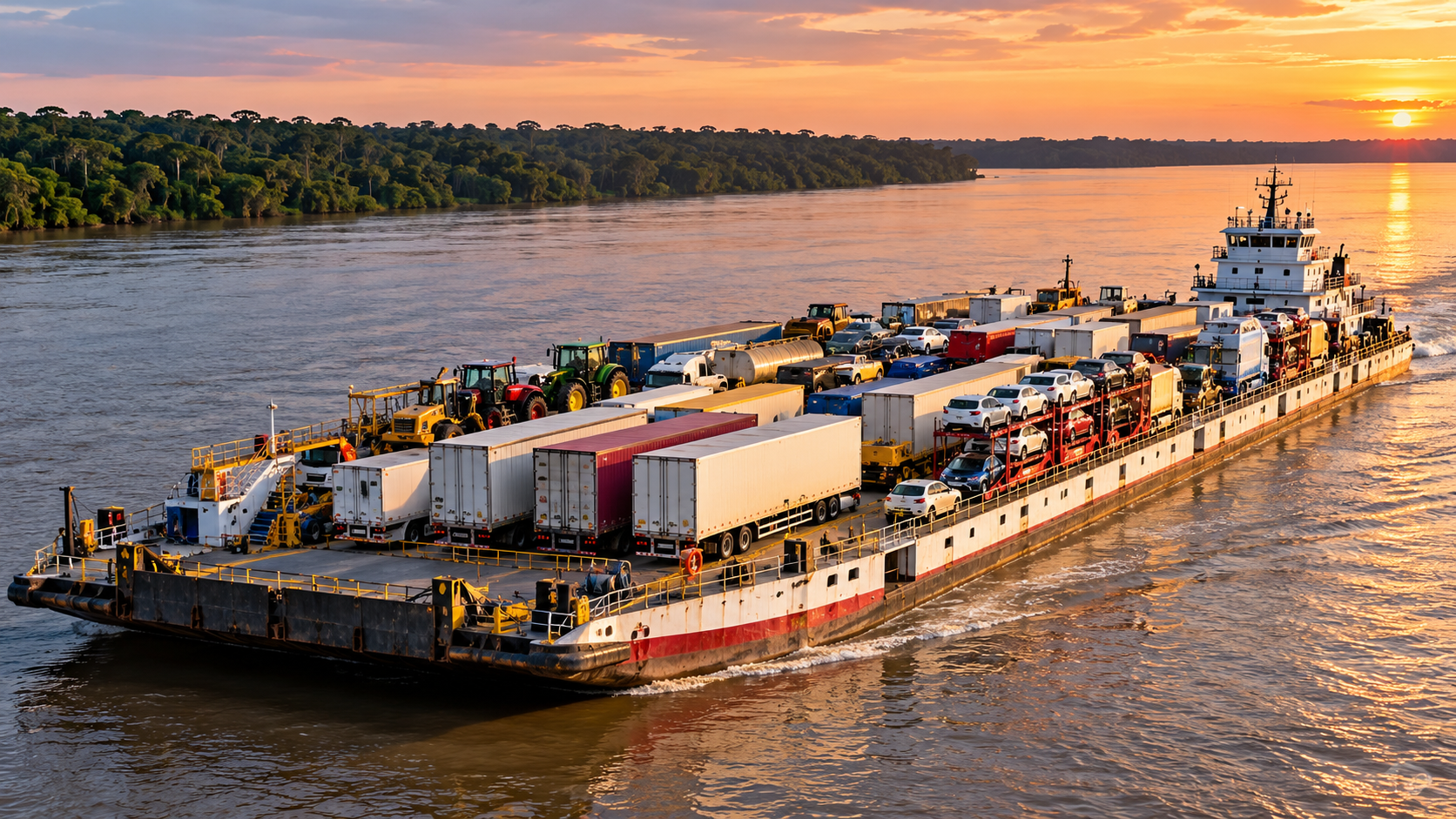 Imagem ilustrativa de balsa de grande porte transportando carretas, baús, tratores, cegonhas com veículos e outros equipamentos, conduzida por empurrador fluvial em um rio da Amazônia
